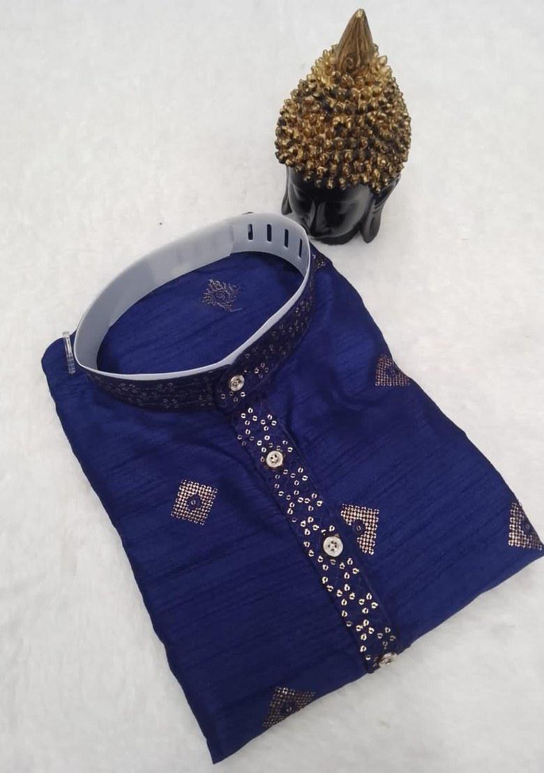 Blue Embroidered Silk Kurta Pajama Set For Men
