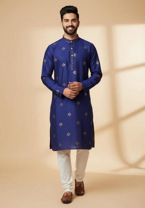 Blue Embroidered Silk Kurta Pajama Set For Men