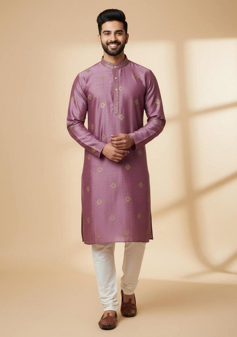 Pink Embroidered Silk Kurta Pajama Set For Men