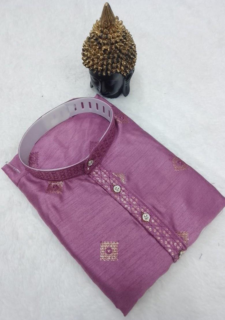Pink Embroidered Silk Kurta Pajama Set For Men