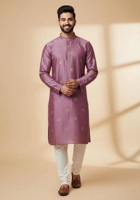 Pink Embroidered Silk Kurta Pajama Set For Men