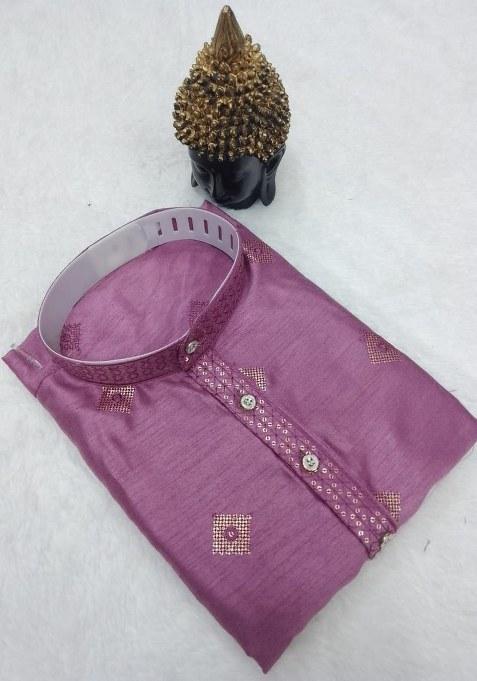 Pink Embroidered Silk Kurta Pajama Set For Men