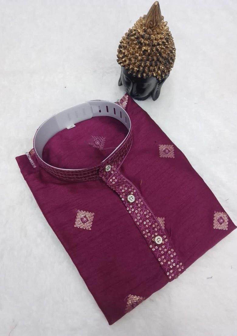 Magenta Embroidered Silk Kurta Pajama Set For Men