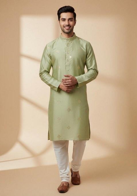 Mint Green Embroidered Silk Kurta Pajama Set For Men