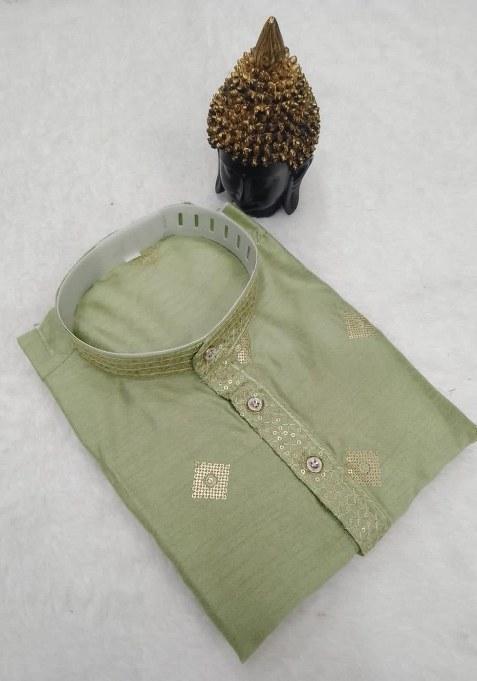 Mint Green Embroidered Silk Kurta Pajama Set For Men