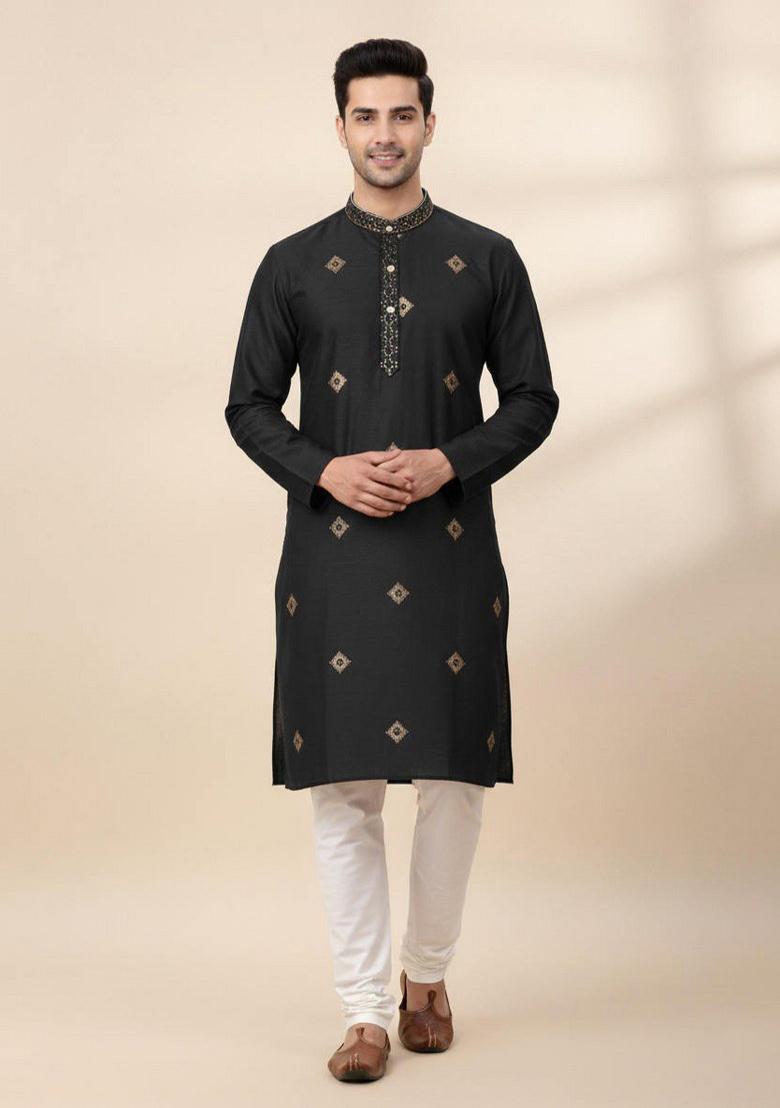 Black Embroidered Silk Kurta Pajama Set For Men