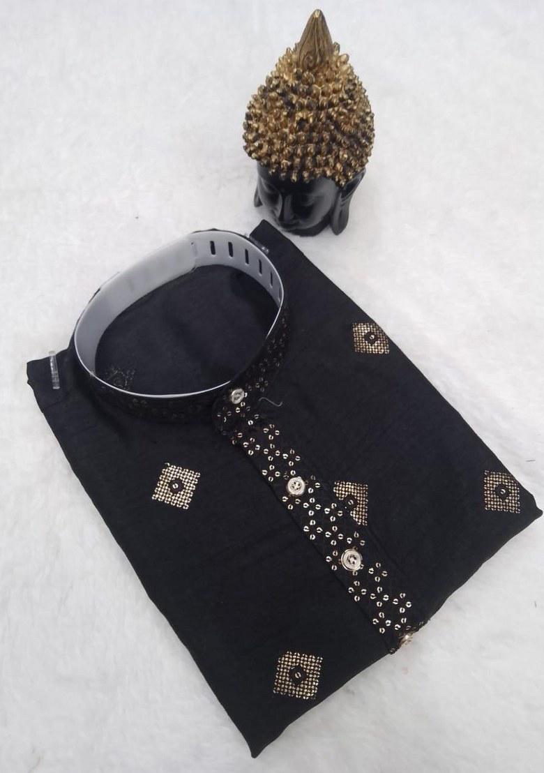 Black Embroidered Silk Kurta Pajama Set For Men
