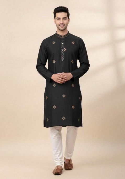 Black Embroidered Silk Kurta Pajama Set For Men