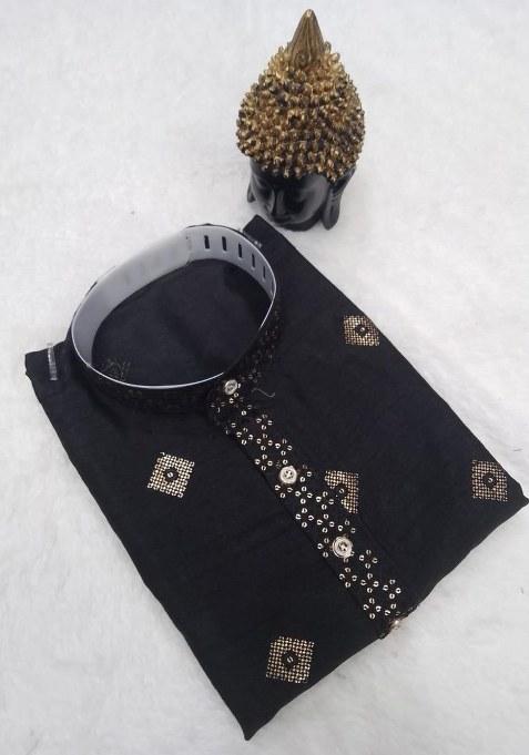 Black Embroidered Silk Kurta Pajama Set For Men