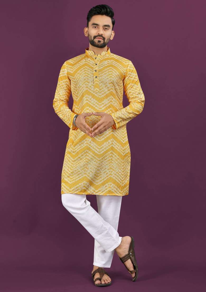 Mustard Yellow Embroidered Rayon Kurta Pajama Set For Men - Indya