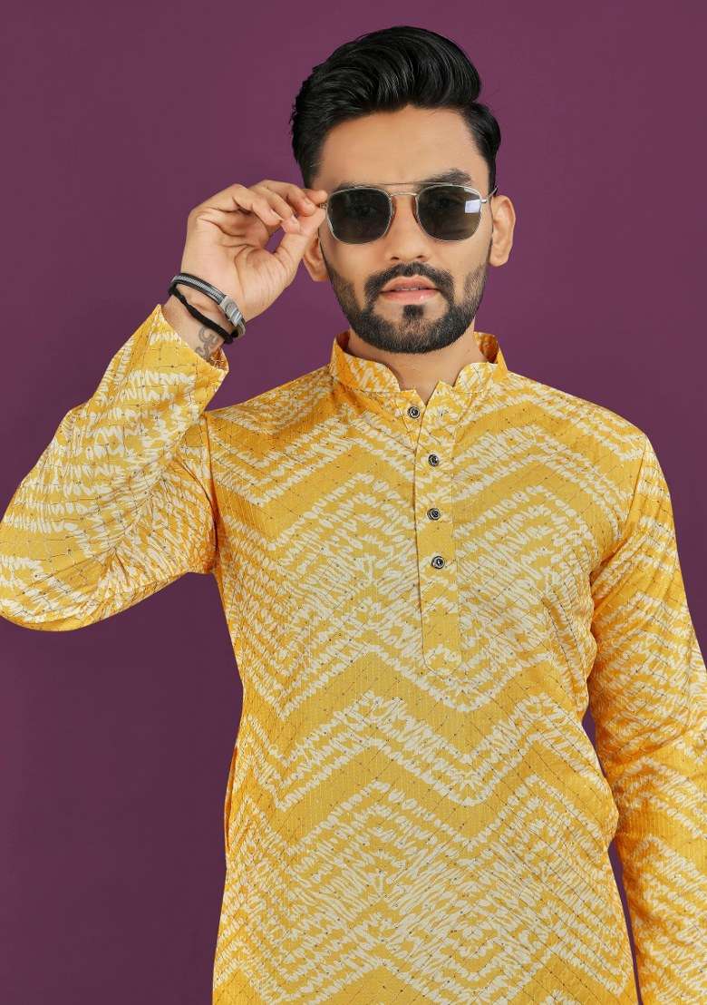 Mustard Yellow Embroidered Rayon Kurta Pajama Set For Men - Indya