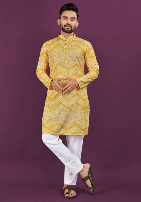 Mustard Yellow Embroidered Rayon Kurta Pajama Set For Men
