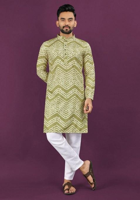 Light Green Embroidered Rayon Kurta Pajama Set For Men