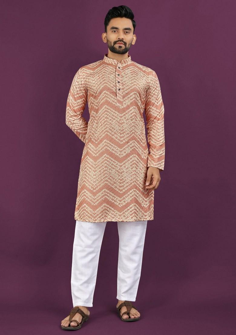 Peach Embroidered Rayon Kurta Pajama Set For Men