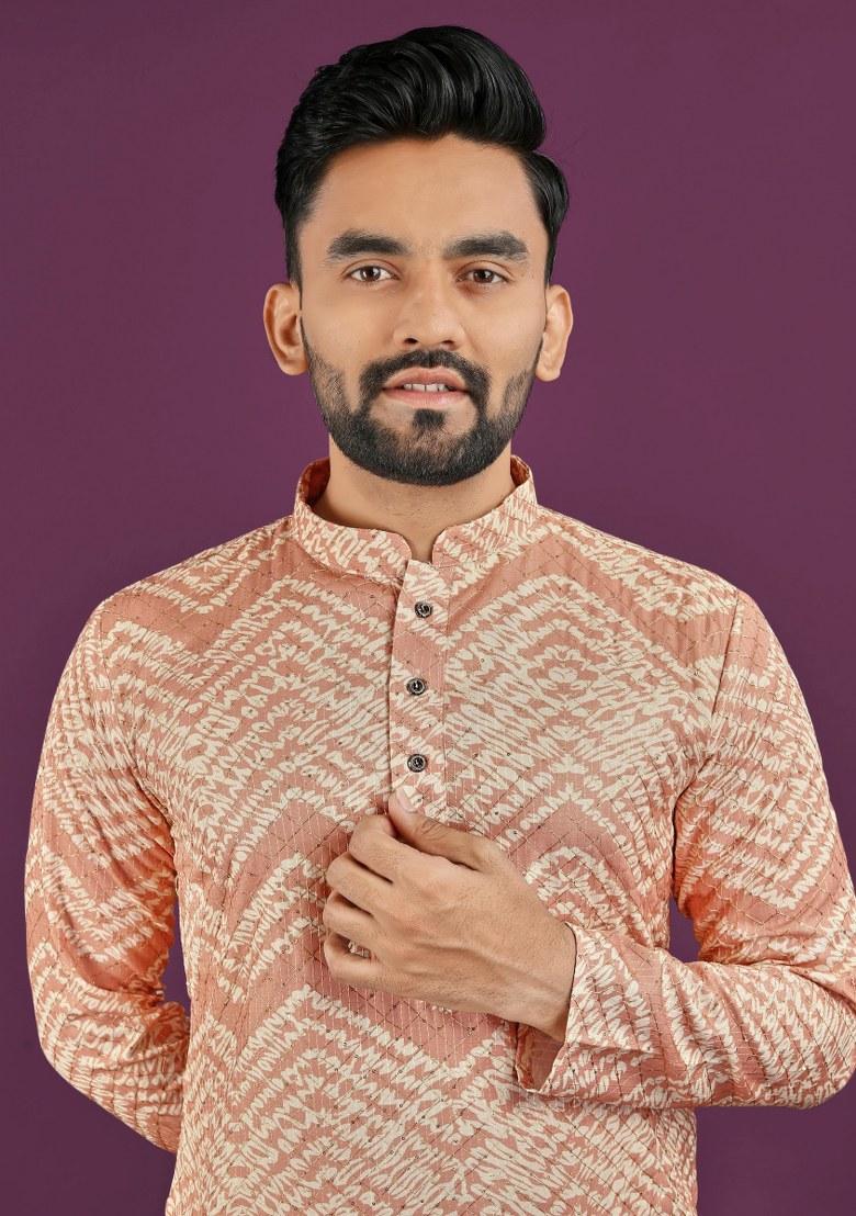 Peach Embroidered Rayon Kurta Pajama Set For Men