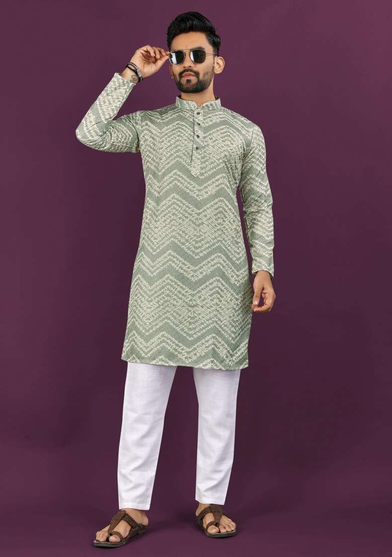 Olive Embroidered Rayon Kurta Pajama Set For Men - Indya