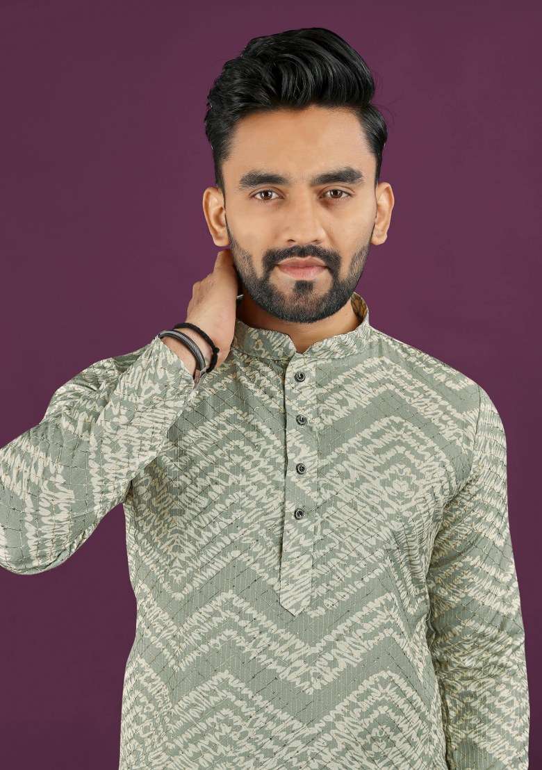 Olive Embroidered Rayon Kurta Pajama Set For Men - Indya
