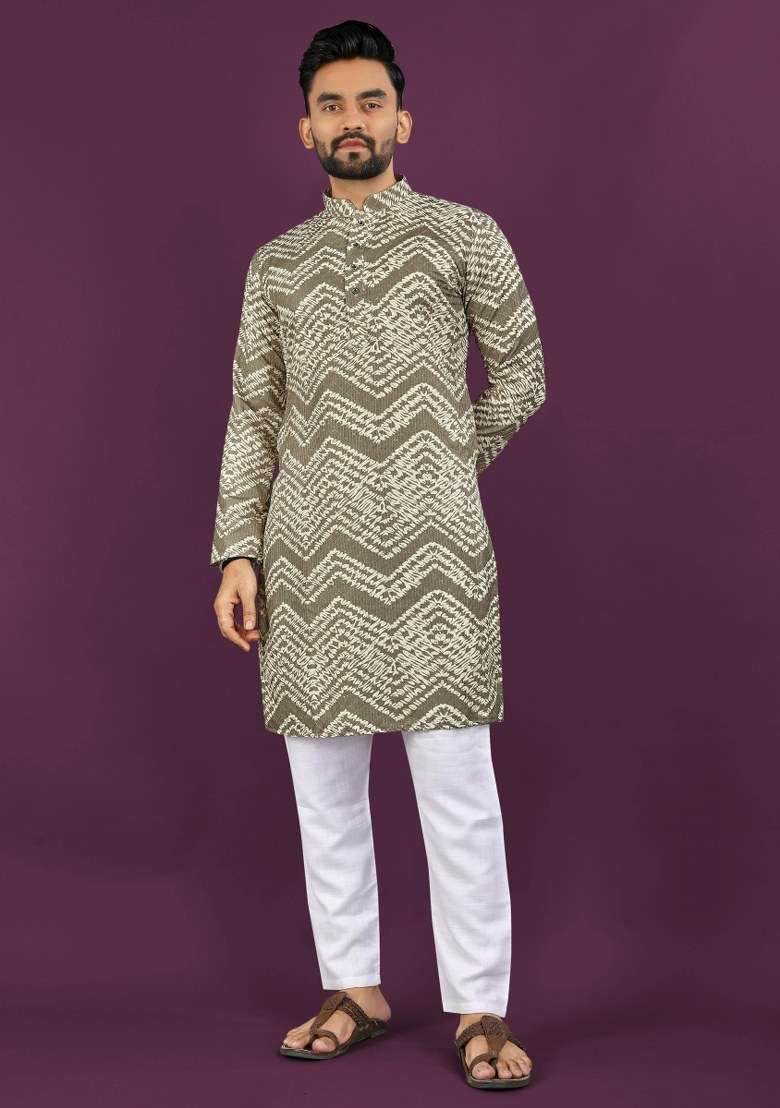 Olive Embroidered Rayon Kurta Pajama Set For Men - Indya