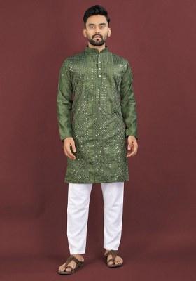 Olive Embroidered Viscose Silk Kurta Pajama Set For Men