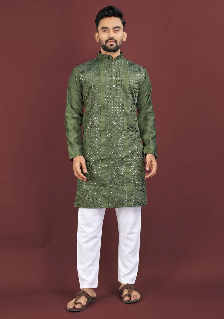 Olive Embroidered Viscose Silk Kurta Pajama Set For Men