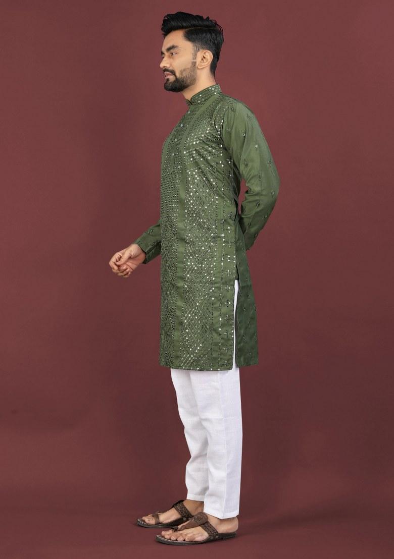 Olive Embroidered Viscose Silk Kurta Pajama Set For Men