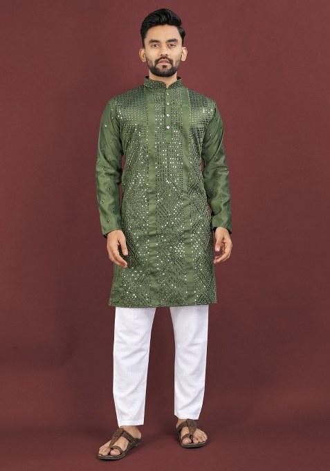 Olive Embroidered Viscose Silk Kurta Pajama Set For Men