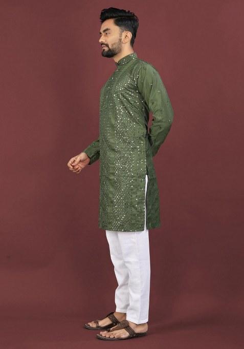 Olive Embroidered Viscose Silk Kurta Pajama Set For Men