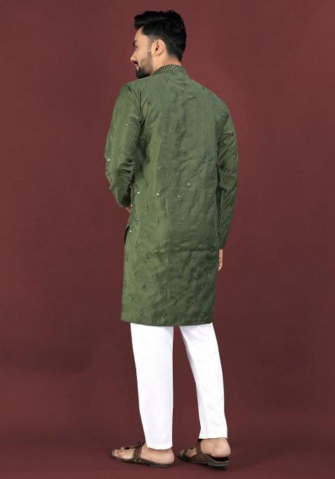 Olive Embroidered Viscose Silk Kurta Pajama Set For Men