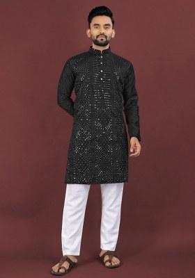 Black Embroidered Viscose Silk Kurta Pajama Set For Men