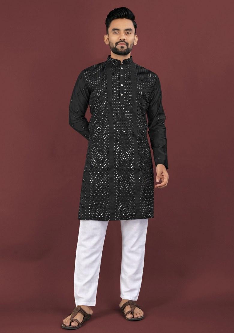 Black Embroidered Viscose Silk Kurta Pajama Set For Men