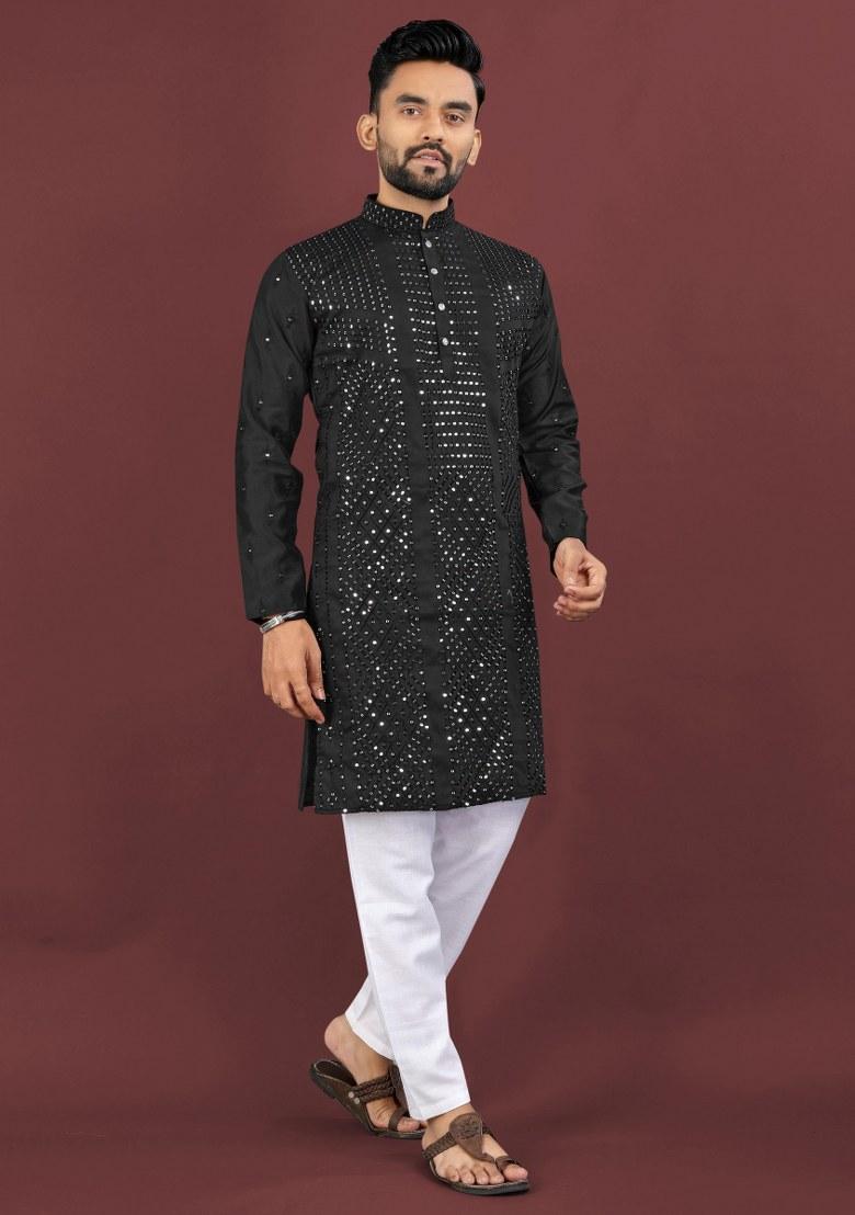 Black Embroidered Viscose Silk Kurta Pajama Set For Men