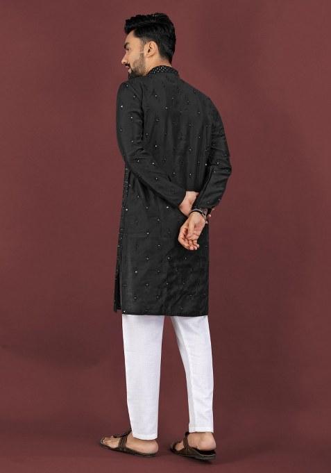 Black Embroidered Viscose Silk Kurta Pajama Set For Men