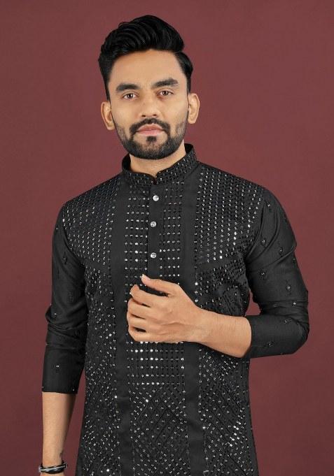 Black Embroidered Viscose Silk Kurta Pajama Set For Men