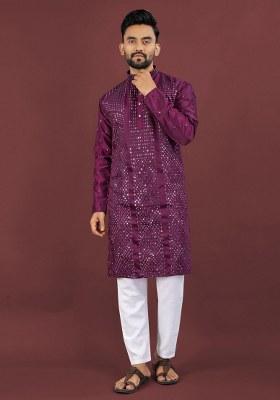 Wine Embroidered Viscose Silk Kurta Pajama Set For Men
