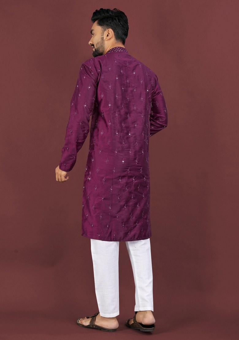 Wine Embroidered Viscose Silk Kurta Pajama Set For Men