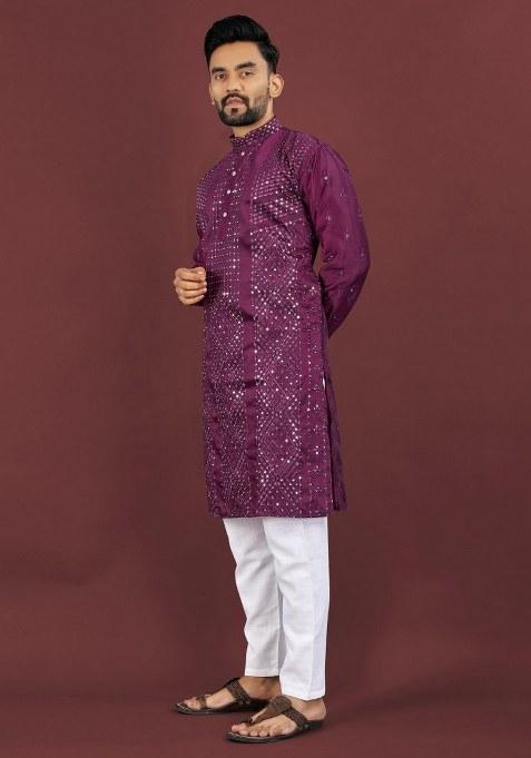 Wine Embroidered Viscose Silk Kurta Pajama Set For Men