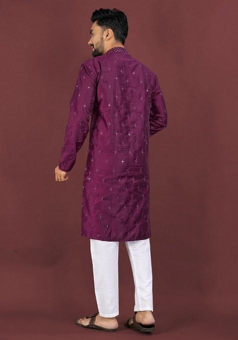Wine Embroidered Viscose Silk Kurta Pajama Set For Men