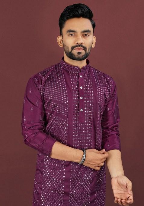 Wine Embroidered Viscose Silk Kurta Pajama Set For Men