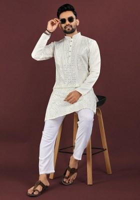 Off White Embroidered Viscose Silk Kurta Pajama Set For Men