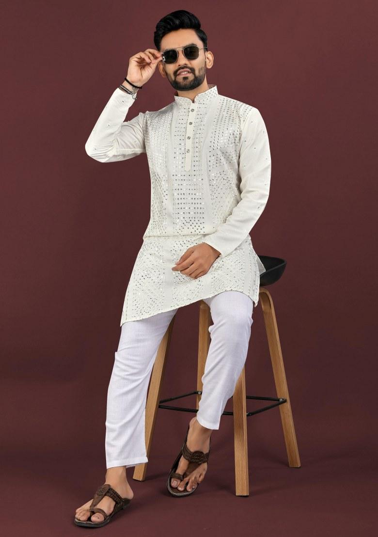 Off White Embroidered Viscose Silk Kurta Pajama Set For Men