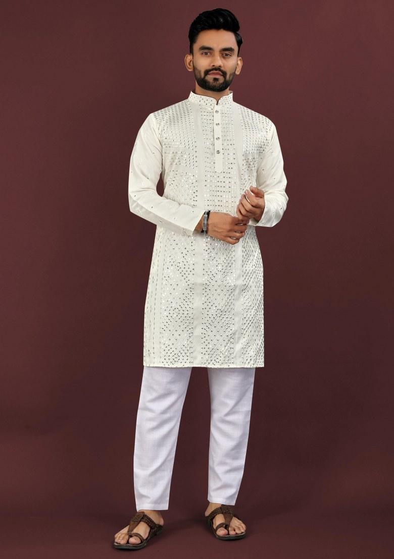 Off White Embroidered Viscose Silk Kurta Pajama Set For Men