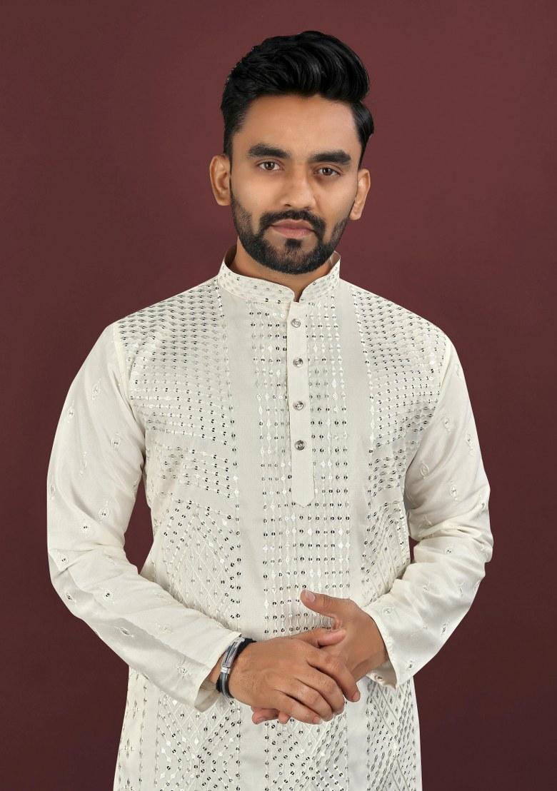 Off White Embroidered Viscose Silk Kurta Pajama Set For Men