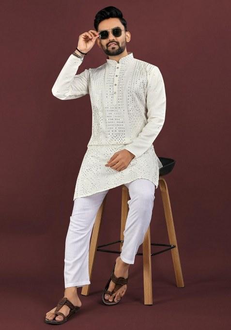 Off White Embroidered Viscose Silk Kurta Pajama Set For Men