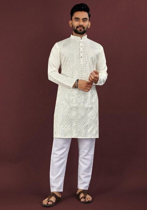 Off White Embroidered Viscose Silk Kurta Pajama Set For Men