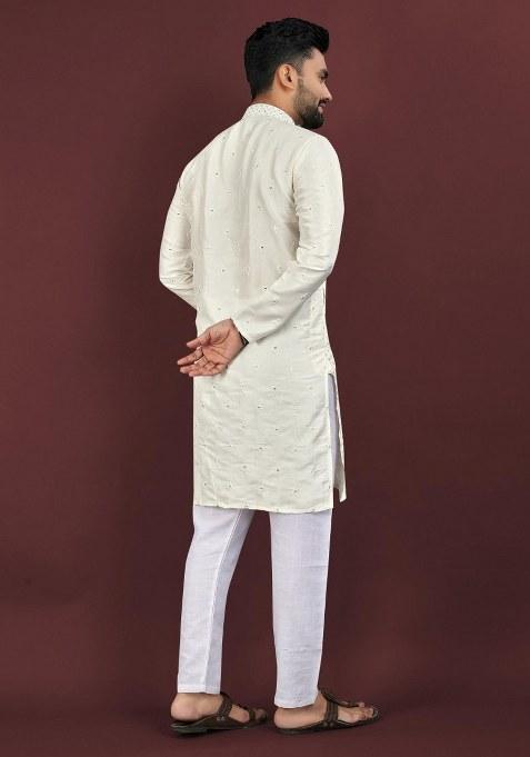 Off White Embroidered Viscose Silk Kurta Pajama Set For Men
