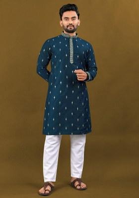 Blue Embroidered Silk Kurta Pajama Set For Men
