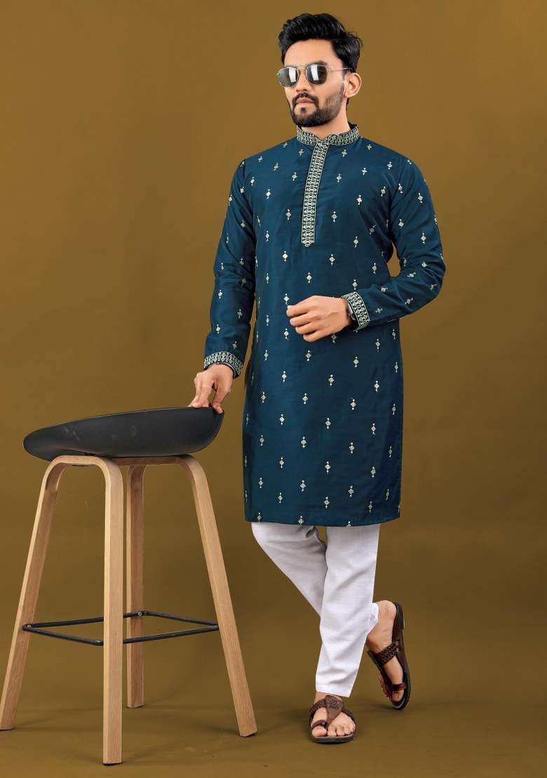 Blue Embroidered Silk Blend Kurta Pajama Set For Men - Indya