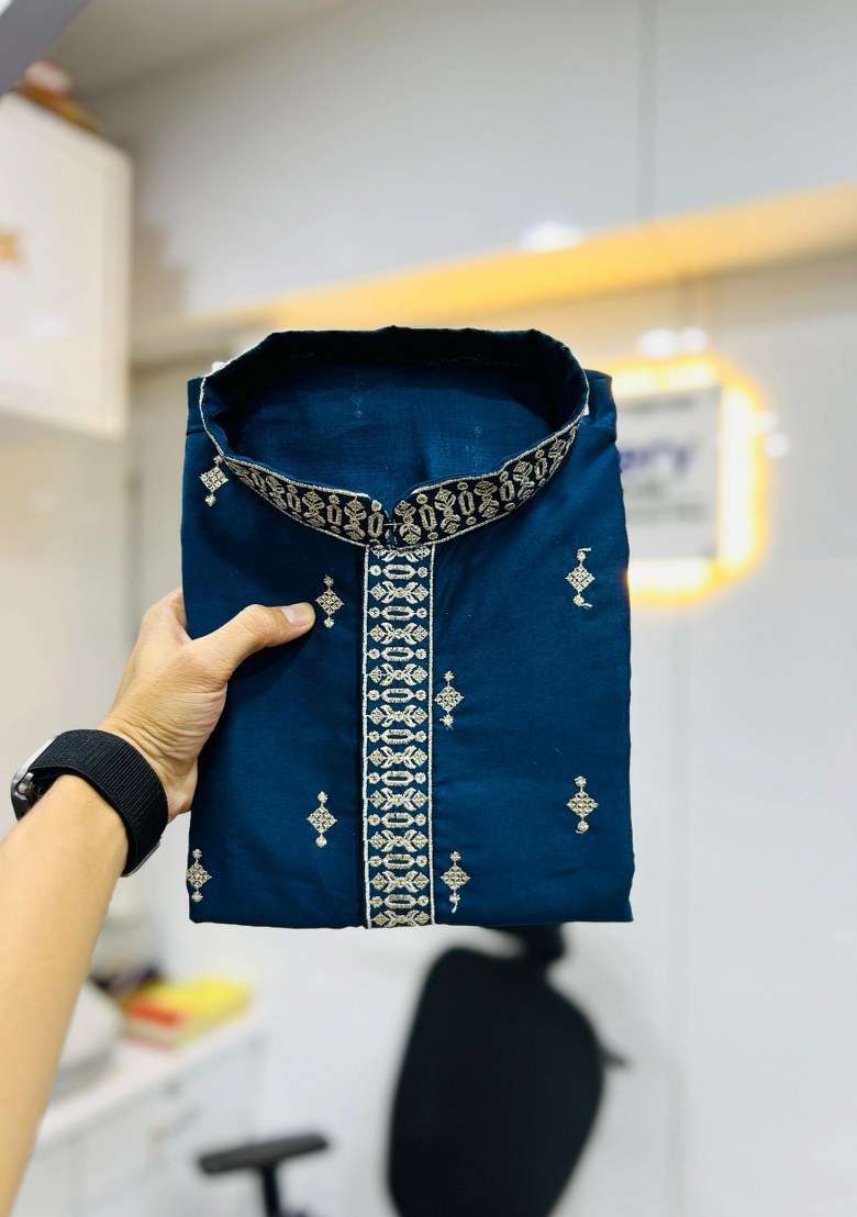 Blue Embroidered Silk Blend Kurta Pajama Set For Men - Indya