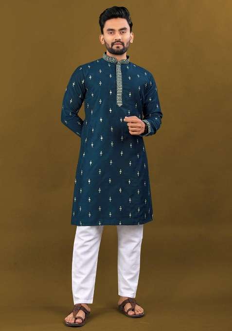 Blue Embroidered Silk Blend Kurta Pajama Set For Men