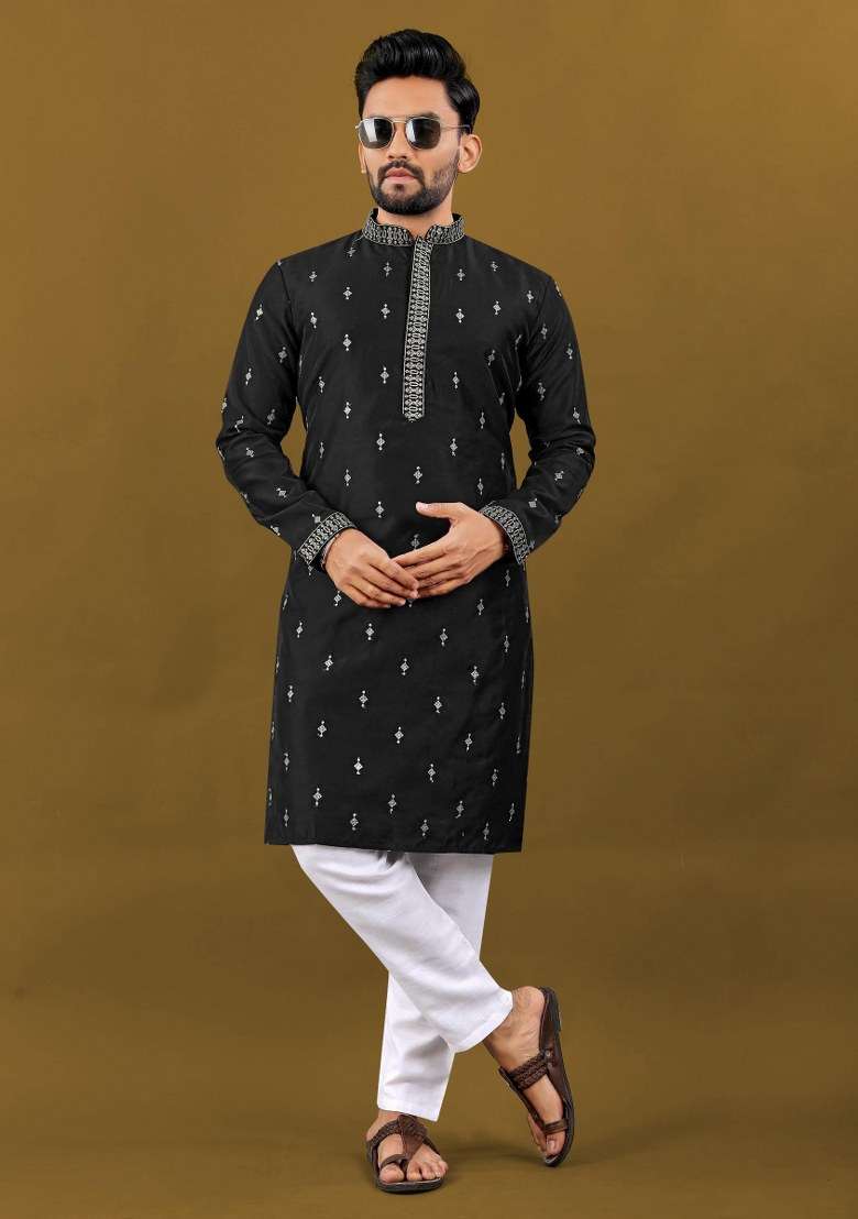 Black Embroidered Silk Blend Kurta Pajama Set For Men - Indya